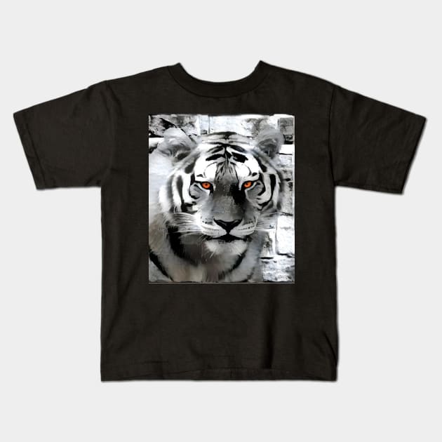 Tiger Black and White Spray Paint Wall Kids T-Shirt by Nuletto